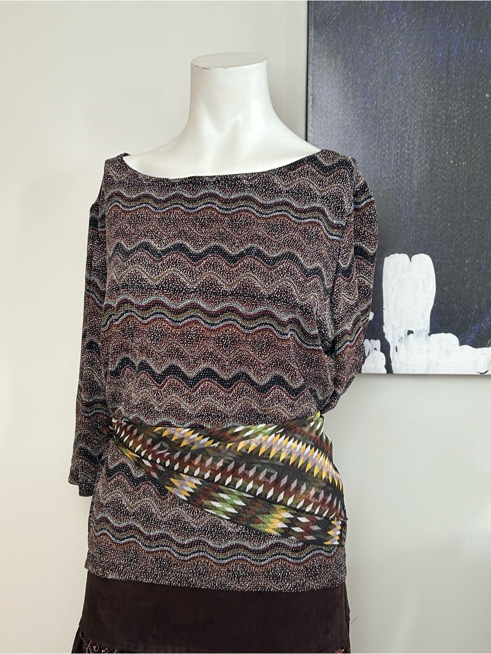 Wavy Pattern Boatneck Blouse in Multi Colour